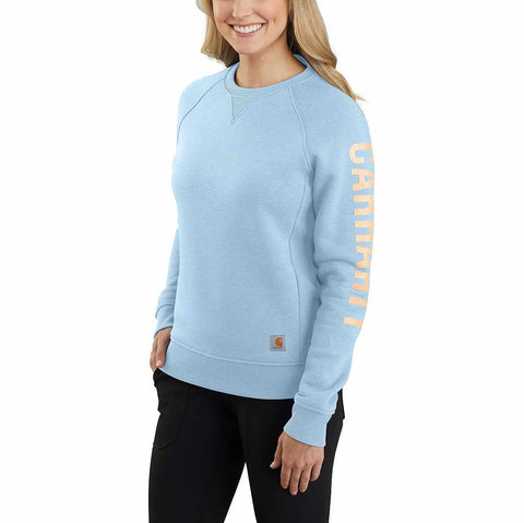 women's relaxed fit midweight crewneck block logo sleeve graphic sweatshirt
