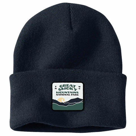knit cuffed smoky mountain national park patch beanie